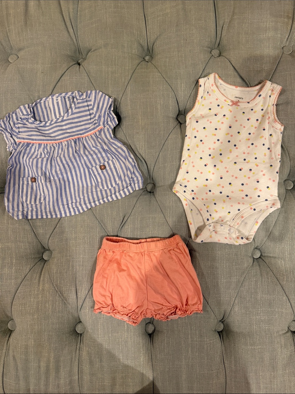 Carter's White Polka Dot Bodysuit, Blue Stripe Tunic & Coral Shorts Set